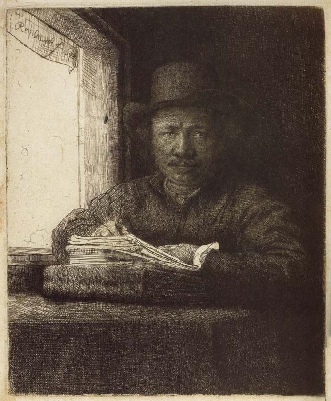 REMBRANDT Harmenszoon van Rijn Self-Portrait,Etching at a Window Germany oil painting art